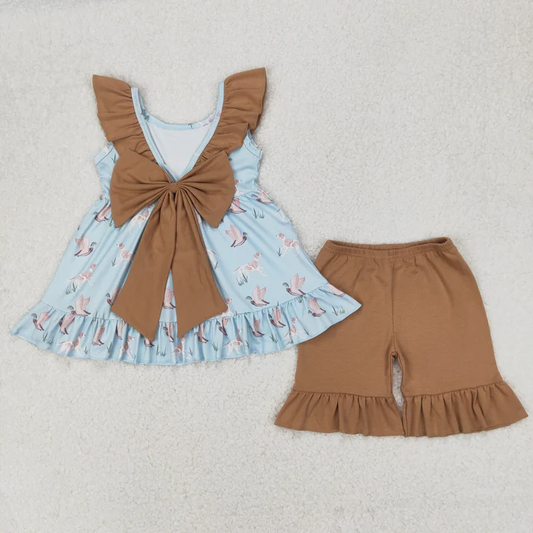 RTS NO MOQ Summer Sibling Baby Girls Boys Dogs Ducks Hunting Top Shorts Sets