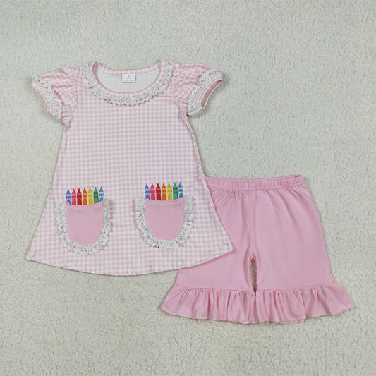 5.26 RTS NO MOQ Baby Girls Summer Sets GSSO2388 Back To School Pink Plaid Pencils Pockets Tunic Ruffle Shorts Sets