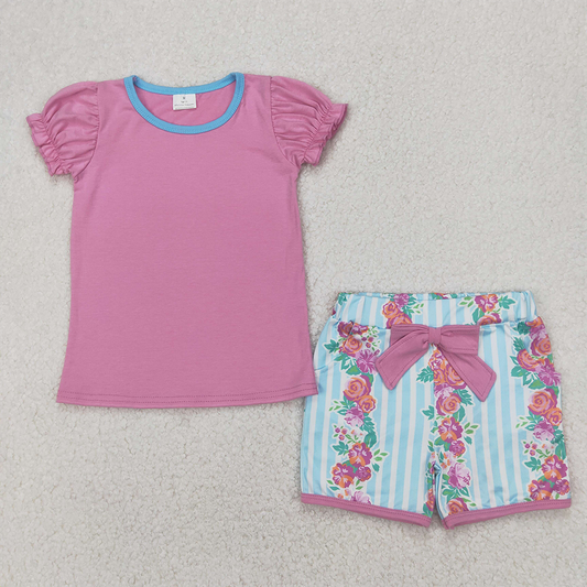 RTS NO MOQ Baby Girls Summer Sets GSSO2389 Lavender Tee Shirts Floral Pockets Shorts Sets