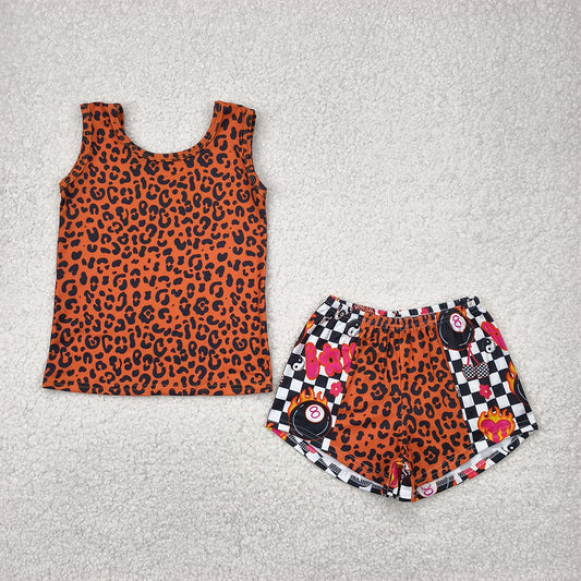 RTS NO MOQ Baby Girls Summer Sets GSSO2391 Sleeveless Leopard Top Black Plaid Shorts Sets