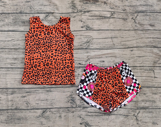 4.11  GSSO2391 Baby Girls Sleeveless Leopard Top Black Plaid Shorts Set Pre order
