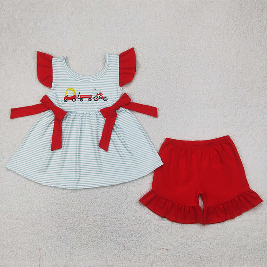 RTS NO MOQ Baby Girls Summer Sets GSSO2404 Embroidery  Red Flutter Sleeves Trucks Bows Tunic Ruffle Shorts Set