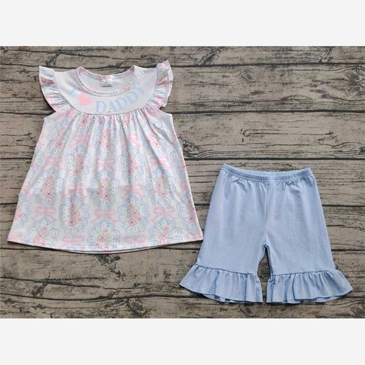 RTS NO MOQ Summer Sibling  Baby Girls I LOVE DADDY Floral Bows Tunic Ruffle Shorts Rompers Sets