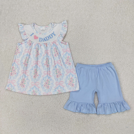 RTS NO MOQ Baby Girls Summer Sets GSSO2407 Embroidery I LOVE DADDY Floral Bows Tunic Ruffle Shorts Sets