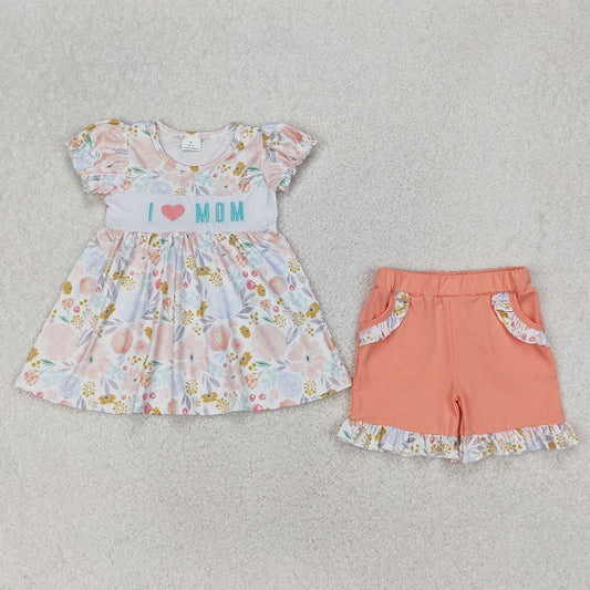 RTS NO MOQ Baby Girls Summer Sets GSSO2408 Embroidery I LOVE MOM Floral Tunic Ruffle Shorts Set