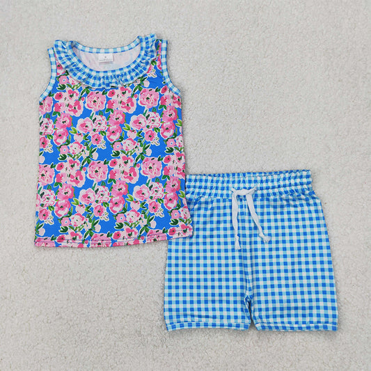 RTS NO MOQ Baby Girls Summer Sets GSSO2414 Blue Plaid Sleeveless Floral Top Shorts Set