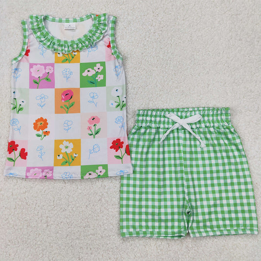 RTS NO MOQ Baby Girls Summer Sets GSSO2415 Green Plaid Sleeveless Floral Top Short Set