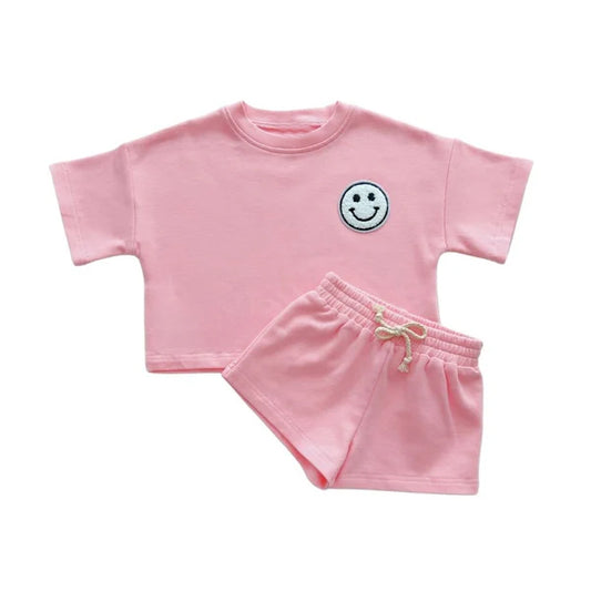 4.12 GSSO2423 Baby Girls Pink Short Sleeves Smile Top Short Pajamas Set Pre order