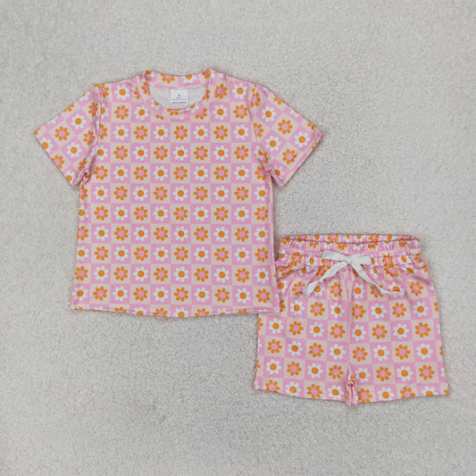 RTS NO MOQ Baby Girls Summer Sets GSSO2425 Pink Plaid Short Sleeves Daisy Flowers Top Short Pajamas Set
