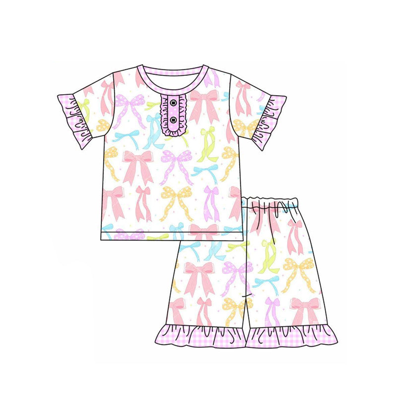 4.12 GSSO2427 Baby Girls Pink Plaid Short Sleeves Button Colorful Bows Top Short Pajamas Set Pre order