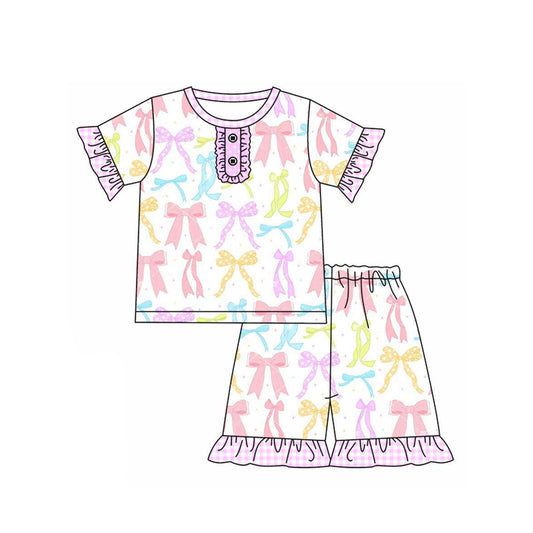 4.12 GSSO2427 Baby Girls Pink Plaid Short Sleeves Button Colorful Bows Top Short Pajamas Set Pre order