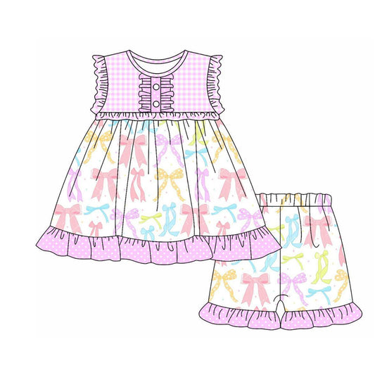 4.12 GSSO2428 Baby Girls Pink Plaid Sleeveless Button Colorful Bows Tunic Ruffle Short Set Pre order