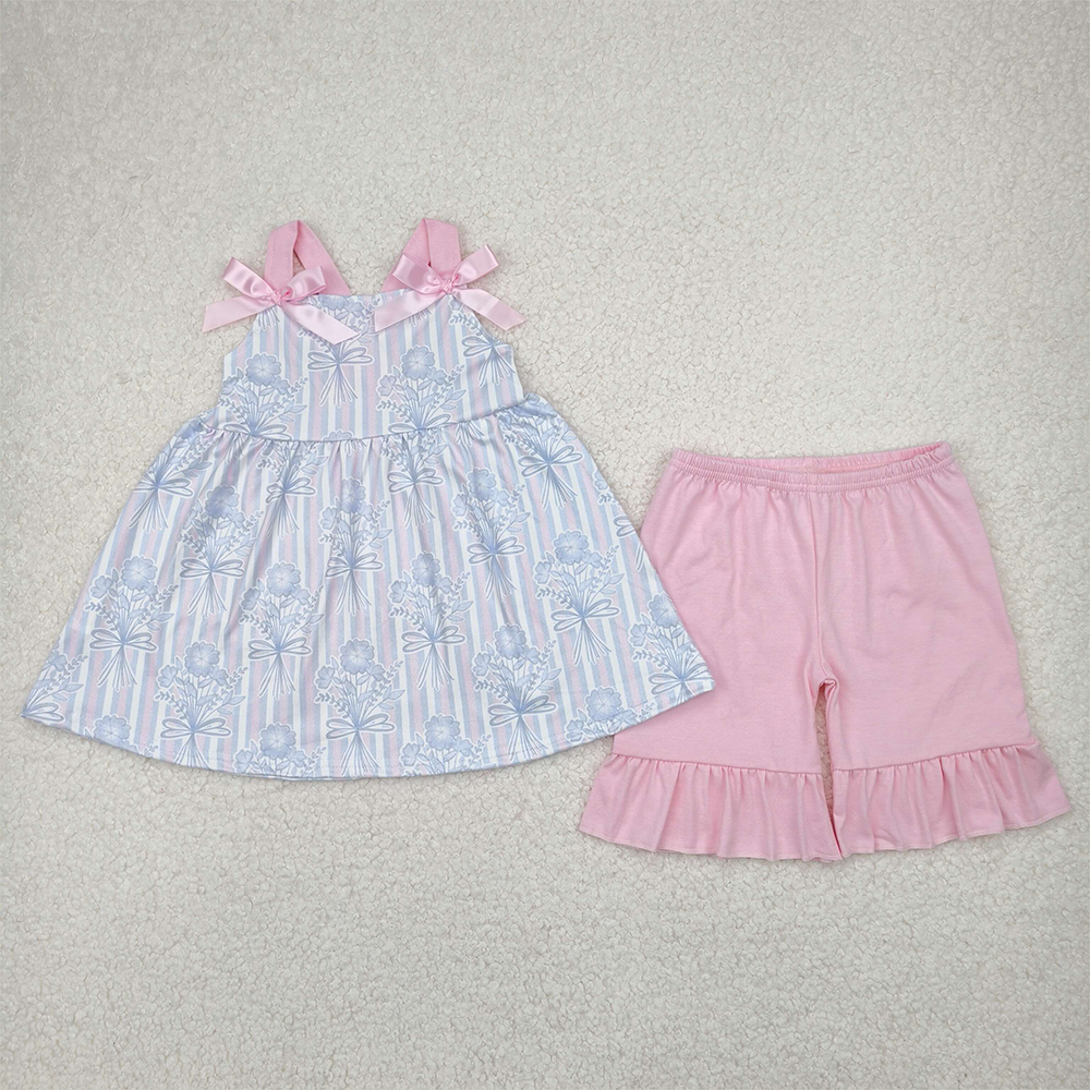RTS NO MOQ Baby Girls Summer Sets GSSO2429 Pink Strap Floral Stripe Tunic Ruffle Shorts Sets