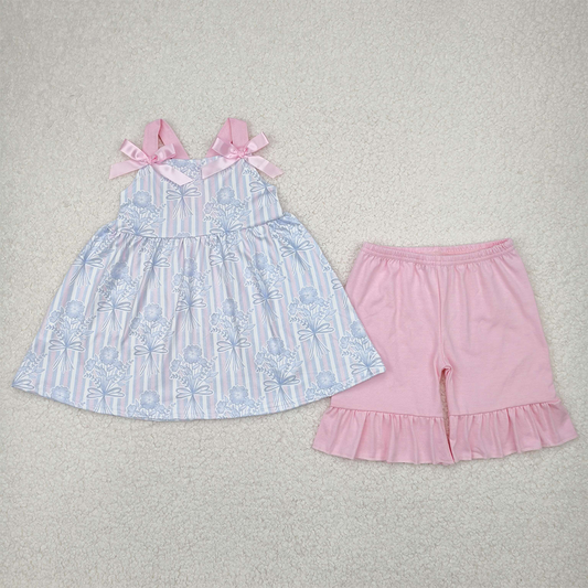 RTS NO MOQ Baby Girls Summer Sets GSSO2429 Pink Strap Floral Stripe Tunic Ruffle Shorts Sets