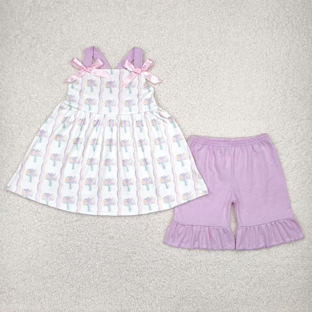 RTS NO MOQ Baby Girls Summer Sets GSSO2430 Lavender Strap Floral Stripe Tunic Ruffle Shorts Sets