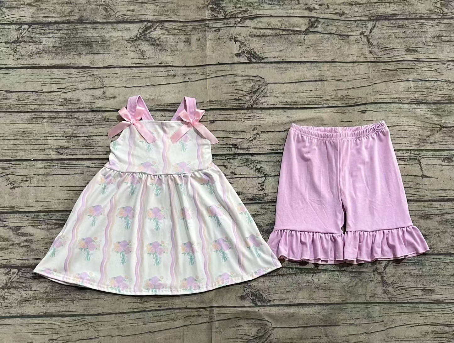 3.29 GSSO2430 Baby Girls Purple Strap Floral Stripe Tunic Ruffle Short Set pre order