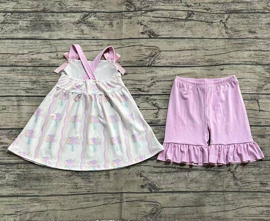 3.29 GSSO2430 Baby Girls Purple Strap Floral Stripe Tunic Ruffle Short Set pre order