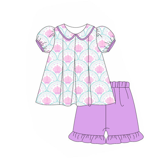 4.12 GSSO2431 Baby Girls Purple Short Ruffle Sleeves Bows Shell Tunic Ruffle Short Set Pre order