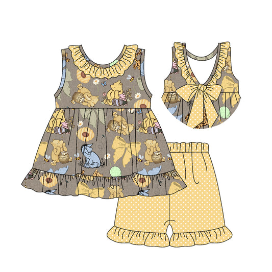 4.12 GSSO2433 Baby Girls Sleeveless Cartoon Pigs Tigers Tunic Polka Dots Ruffle Short Set Pre order