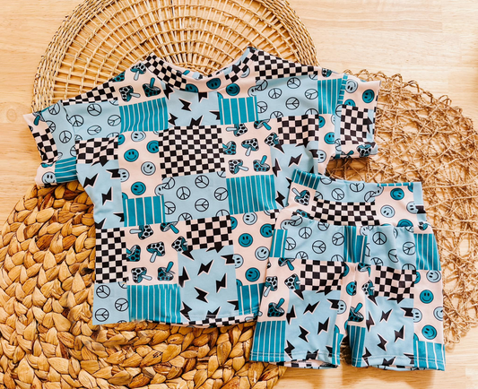 4.12 GSSO2435 Baby Girls Blue Short Sleeves Smiles Lightning Top Short Pajamas Set Pre order