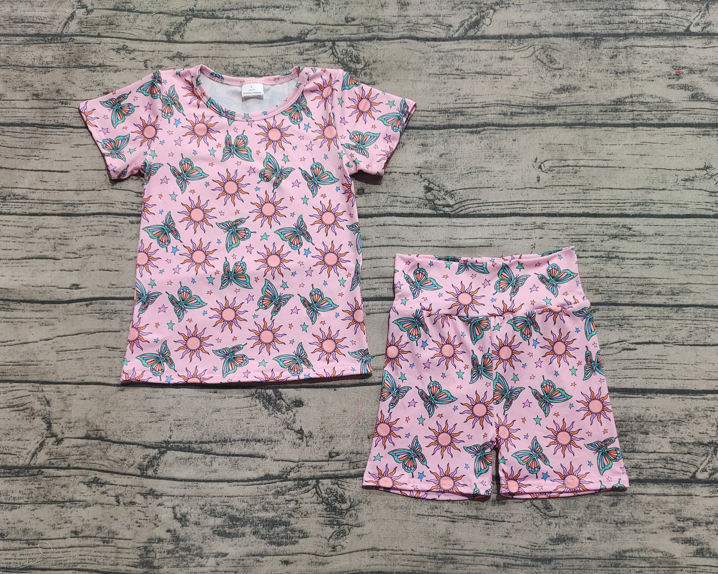 4.1 GSSO2437 Baby Girls Pink Short Sleeves Butterfly Suns Stars Top Short Pajamas Set Pre order