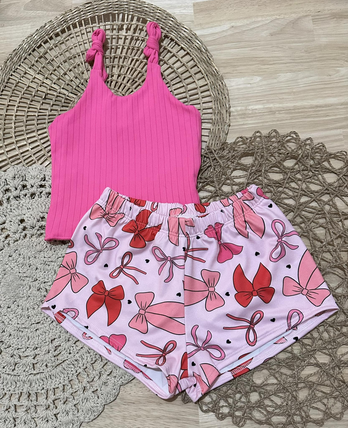 4.12 GSSO2438 Baby Girls Pink Strap Stripe Top Colorful Bows Hearts Short Set Pre order