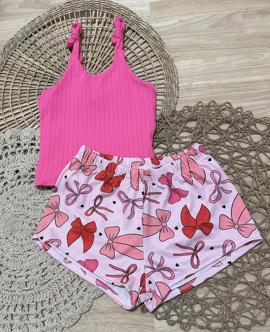 4.12 GSSO2438 Baby Girls Pink Strap Stripe Top Colorful Bows Hearts Short Set Pre order