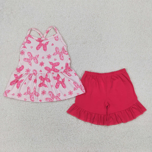 RTS NO MOQ Baby Girls Summer Sets GSSO2439 Pink Strap Flowers Hearts Dogs Top Ruffle Shorts Sets
