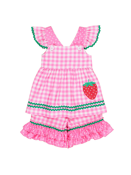 4.12 GSSO2440 Baby Girls Pink Plaid Flutter Sleeves Strawberry Tunic Ruffle Short Set Pre order