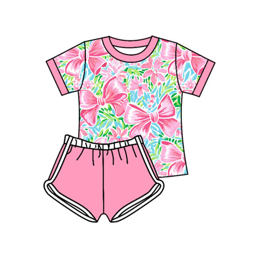 4.12 GSSO2441 Baby Girls Pink Short Sleeves Watercolor Bows Floral Top Short Set Pre order