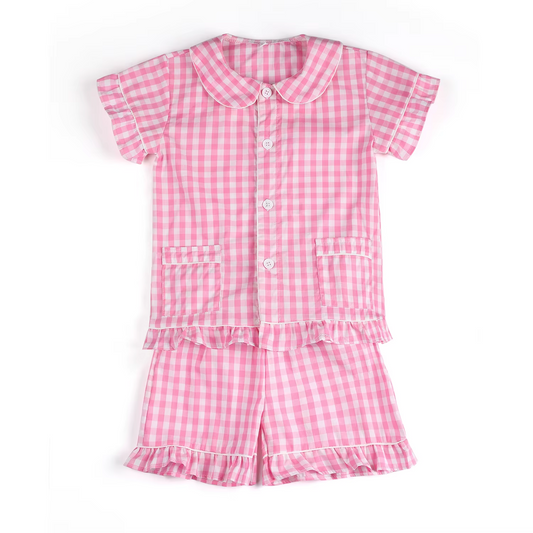 4.12 GSSO2444 Baby Girls Pink Plaid Short Sleeves Button Pocket Top Ruffle Short Pajamas Set Pre order