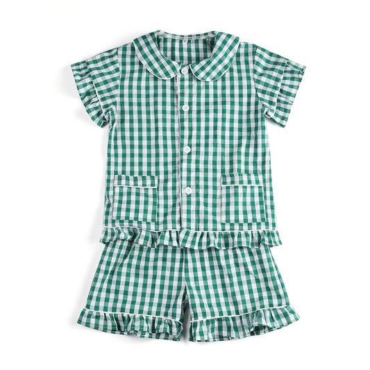 4.12 GSSO2445 Baby Girls Green Plaid Short Sleeves Button Pocket Top Ruffle Short Pajamas Set Pre order