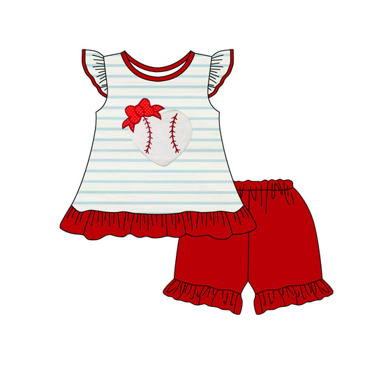 4.10 GSSO2446 Baby Girls Blue Stripe Flutter Sleeves Heart Baseball Tunic Red Ruffle Short Set Pre order