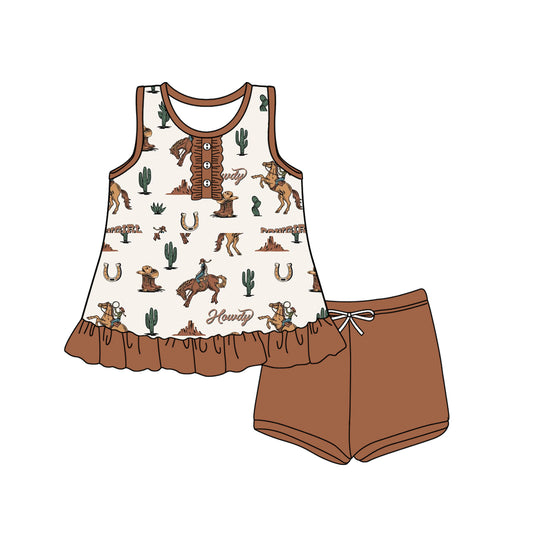 4.10 GSSO2448 Baby Girls Brown Sleeveless Button Horse Rodeos Cactus Tunic Short Set Pre order