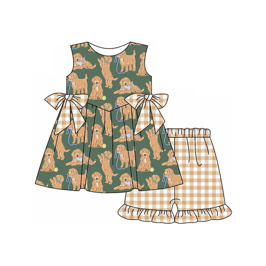 4.10 GSSO2449 Baby Girls Green Sleeveless Dogs Bows Tunic Khaki Plaid Ruffle Short Set Pre order