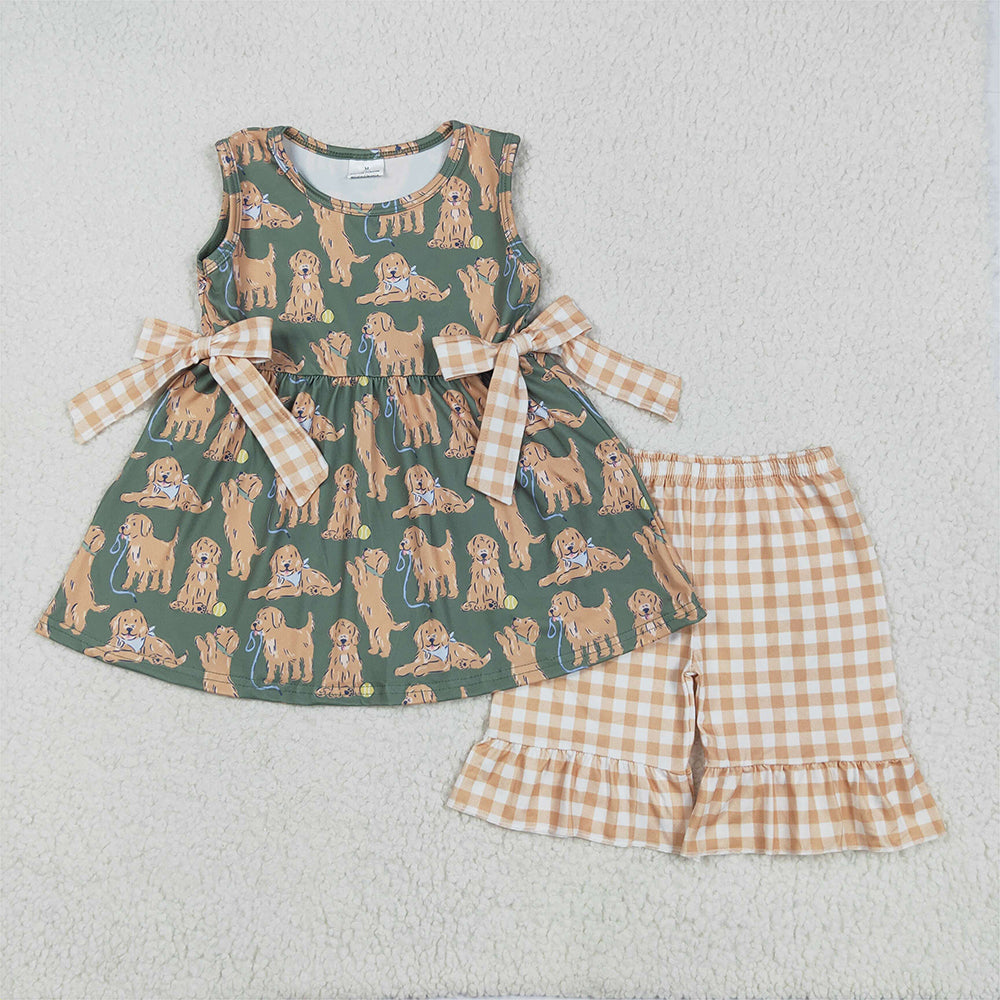 RTS NO MOQ Baby Girls Summer Sets GSSO2449 Green Sleeveless Dogs Bows Tunic Khaki Plaid Ruffle Shorts Sets