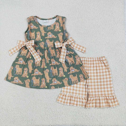 RTS NO MOQ Baby Girls Summer Sets GSSO2449 Green Sleeveless Dogs Bows Tunic Khaki Plaid Ruffle Shorts Sets