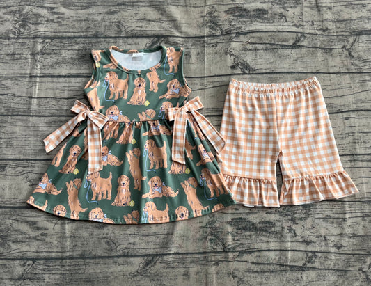 4.21 GSSO2449 Baby Girls Green Sleeveless Dogs Bows Tunic Khaki Plaid Ruffle Short Set Pre order