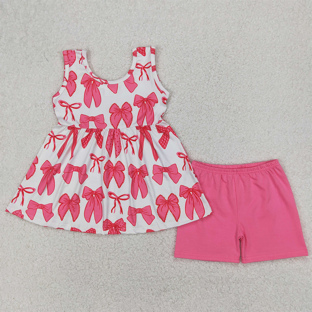 RTS NO MOQ Baby Girls Summer Sets GSSO2450 Pink Sleeveless Bows Tunic Shorts Sets