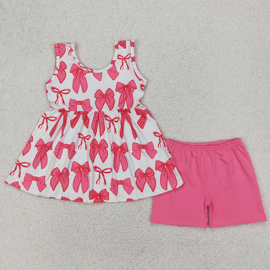 RTS NO MOQ Baby Girls Summer Sets GSSO2450 Pink Sleeveless Bows Tunic Shorts Sets