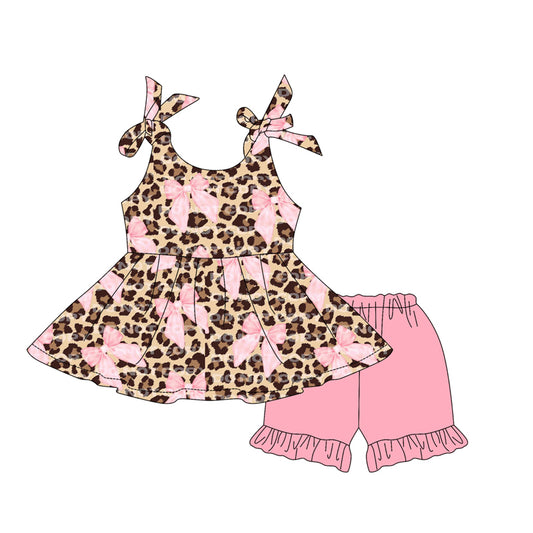 4.10 GSSO2451 Baby Girls Strap Leopard Bows Tunic Pink Ruffle Short Set Pre order