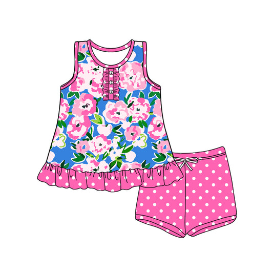 4.10 GSSO2453 Baby Girls Hot Pink Sleeveless Button Watercolor Floral Tunic Polka Dots Short Set Pre order