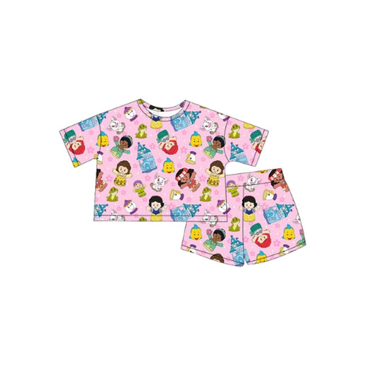 4.10 GSSO2455 Baby Girls Pink Short Sleeves Cartoon Dolls Flowers Top Short Pajamas Set Pre order
