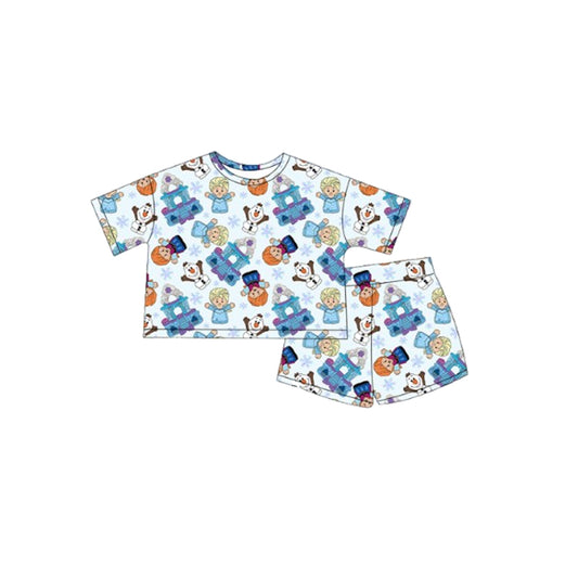 4.10 GSSO2456 Baby Girls Blue Short Sleeves Snowmen Kids Top Short Pajamas Set Pre order