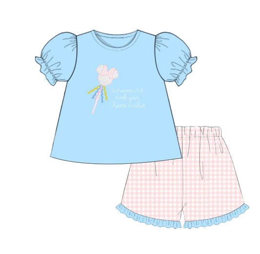 4.10 GSSO2457 Baby Girls Blue Short Ruffle Sleeves Cartoon Mouse Candy Tunic Plaid Short Set Pre order