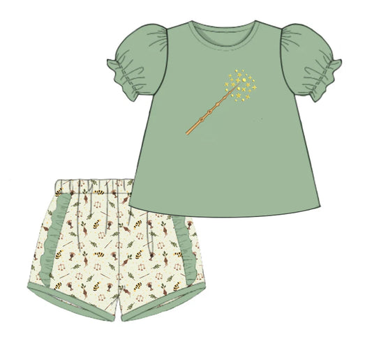 4.10 GSSO2458 Baby Girls Green Short Ruffle Sleeves Magic Stick Tunic Short Set Pre order