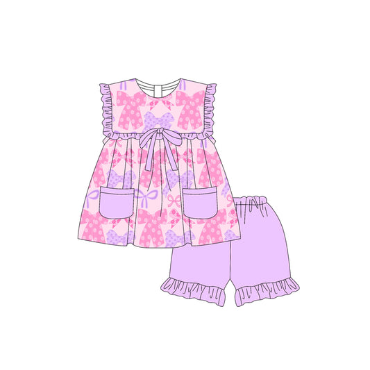 4.10 GSSO2462 Baby Girls Lavender Bows Pockets Tunic Ruffle Short Set Pre order