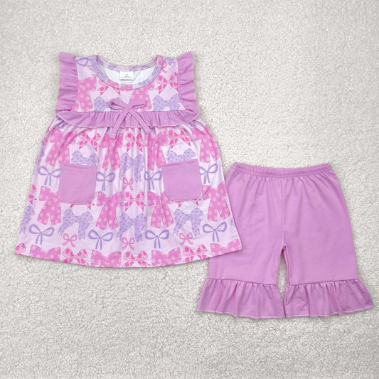 RTS NO MOQ Baby Girls Summer Sets GSSO2462 Lavender Bows Pockets Tunic Ruffle Shorts Sets