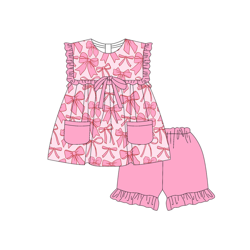 4.10 GSSO2464 Baby Girls Pink Bows Pockets Tunic Ruffle Short Set Pre order