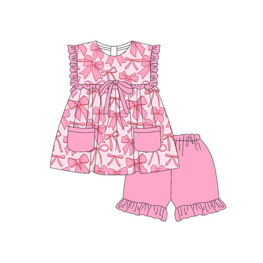 4.10 GSSO2464 Baby Girls Pink Bows Pockets Tunic Ruffle Short Set Pre order